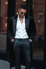 Barabas Wholesale Men's Rhinestone Velvet Peak Lapel Long Coat 4LBL49 Black Silver