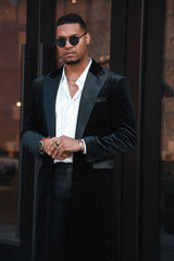 Barabas Wholesale Men's Rhinestone Velvet Peak Lapel Long Coat 4LBL49 Black Silver