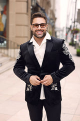 Barabas Wholesale Men's Jewels Rhinestone Studs Peak Lapel Velvet Blazer 2BLR2 Black Silver