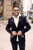 Barabas Wholesale Men's Jewels Rhinestone Studs Peak Lapel Velvet Blazer 2BLR2 Black Silver
