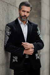 Barabas Wholesale Men's Jewels Rhinestone Studs Peak Lapel Velvet Blazer 2BLR2 Black Silver