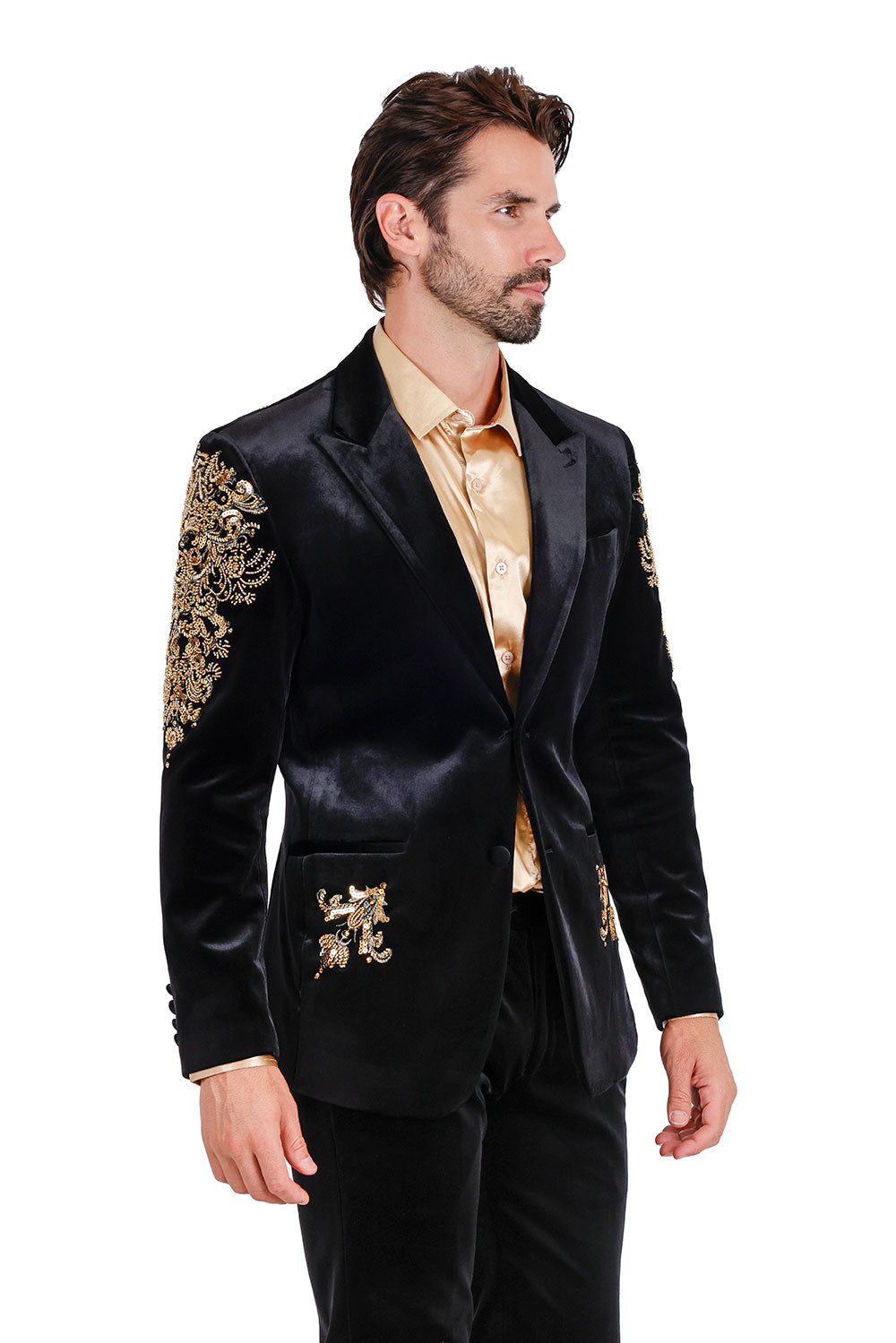 BARABAS Wholesale Men's Jewels Rhinestone Studs Peak Lapel Velvet Blazer 2BLR2 Black Gold