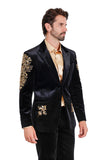 Barabas Wholesale Men's Jewels Rhinestone Studs Peak Lapel Velvet Blazer 2BLR2 Black Gold