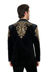 Barabas Wholesale Men's Jewels Rhinestone Studs Peak Lapel Velvet Blazer 2BLR2 Black Gold