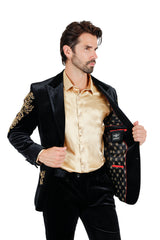 Barabas Wholesale Men's Jewels Rhinestone Studs Peak Lapel Velvet Blazer 2BLR2 Black Gold