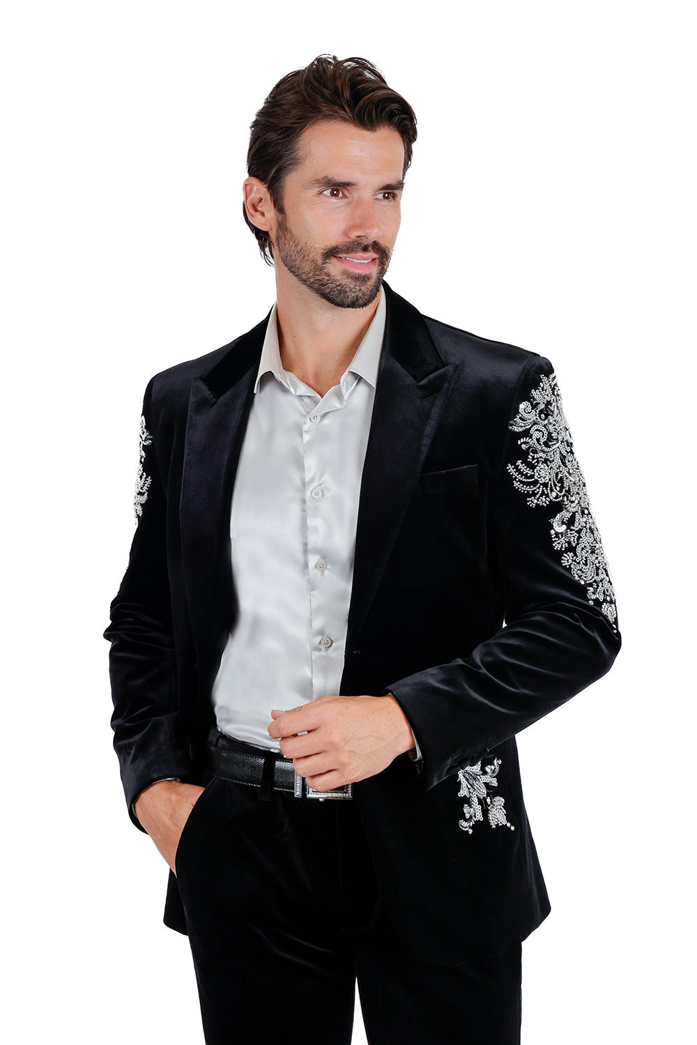 BARABAS Wholesale Men's Jewels Rhinestone Studs Peak Lapel Velvet Blazer 2BLR2 Black Silver