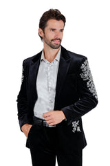 Barabas Wholesale Men's Jewels Rhinestone Studs Peak Lapel Velvet Blazer 2BLR2 Black Silver