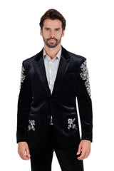 Barabas Wholesale Men's Jewels Rhinestone Studs Peak Lapel Velvet Blazer 2BLR2 Black Silver
