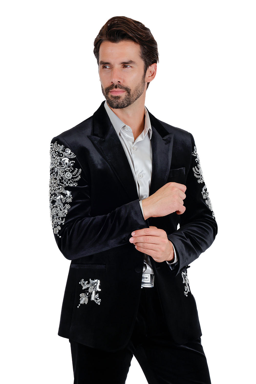 BARABAS Wholesale Men's Jewels Rhinestone Studs Peak Lapel Velvet Blazer 2BLR2 Black Silver