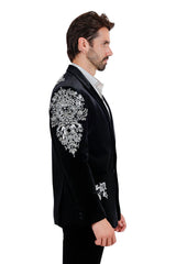 Barabas Wholesale Men's Jewels Rhinestone Studs Peak Lapel Velvet  Blazer 2BLR2 Black Silver