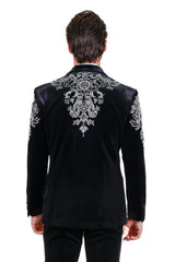 Barabas Wholesale Men's Jewels Rhinestone Studs Peak Lapel Velvet Blazer 2BLR2 Black Silver