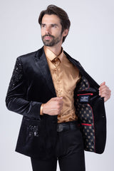 Barabas Wholesale Men's Jewels Rhinestone Studs Peak Lapel Velvet Blazer 2BLR2 Black Black