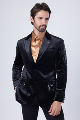 Barabas Wholesale Men's Jewels Rhinestone Studs Peak Lapel Velvet Blazer 2BLR2 Black Black