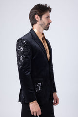 Barabas Wholesale Men's Jewels Rhinestone Studs Peak Lapel Velvet Blazer 2BLR2 Black Black