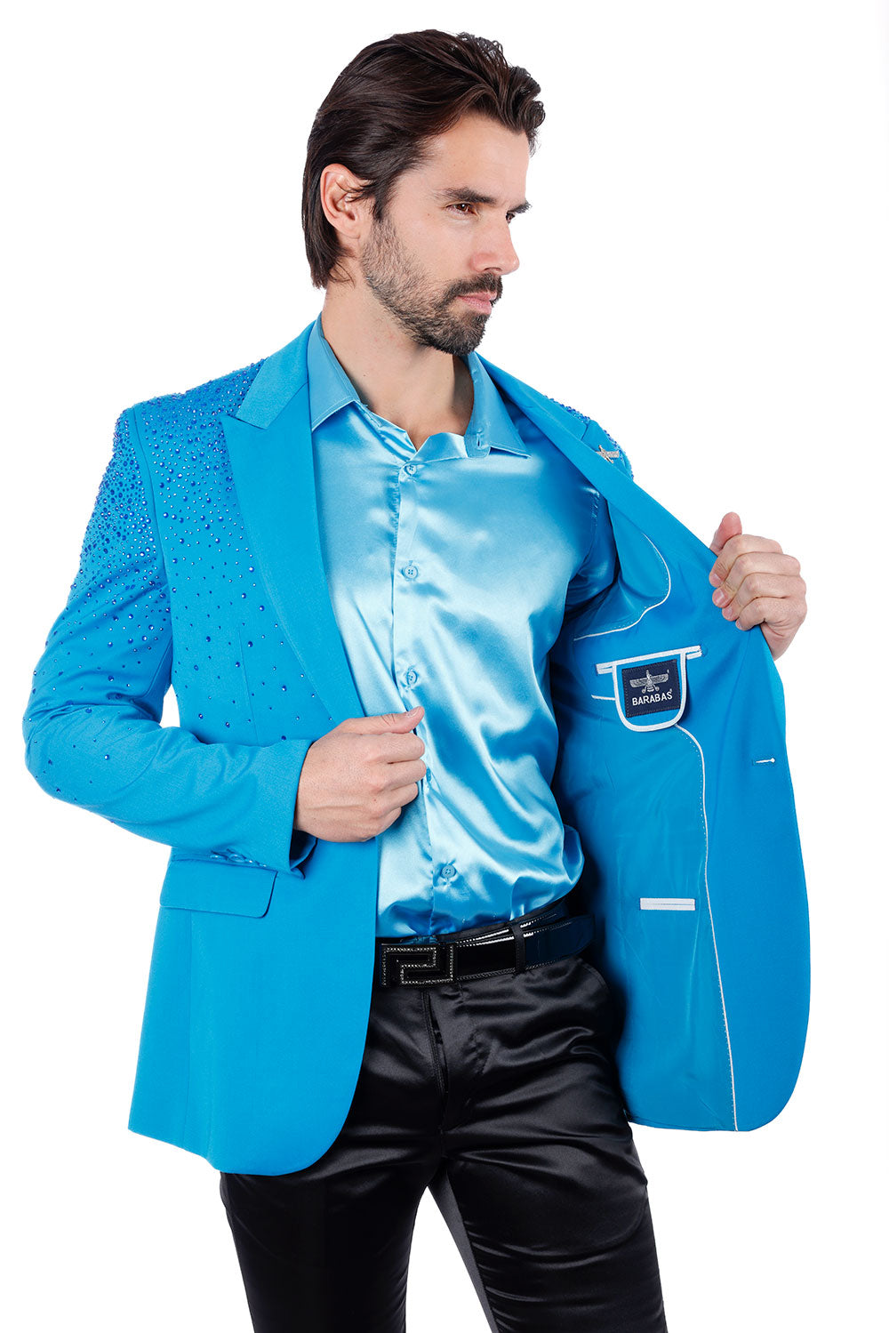 Barabas Wholesale Men's Rhinestone Matte Color Notch Lapel Casual Blazer 2BLR6 Blue