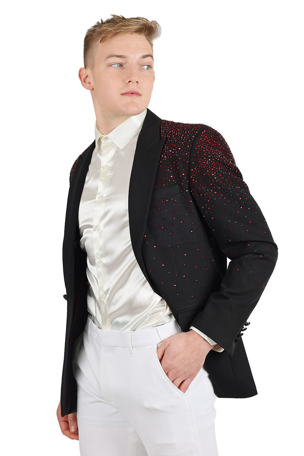 Barabas Wholesale Men's Rhinestone Matte Color Notch Lapel Casual Blazer 2BLR6 Black Red