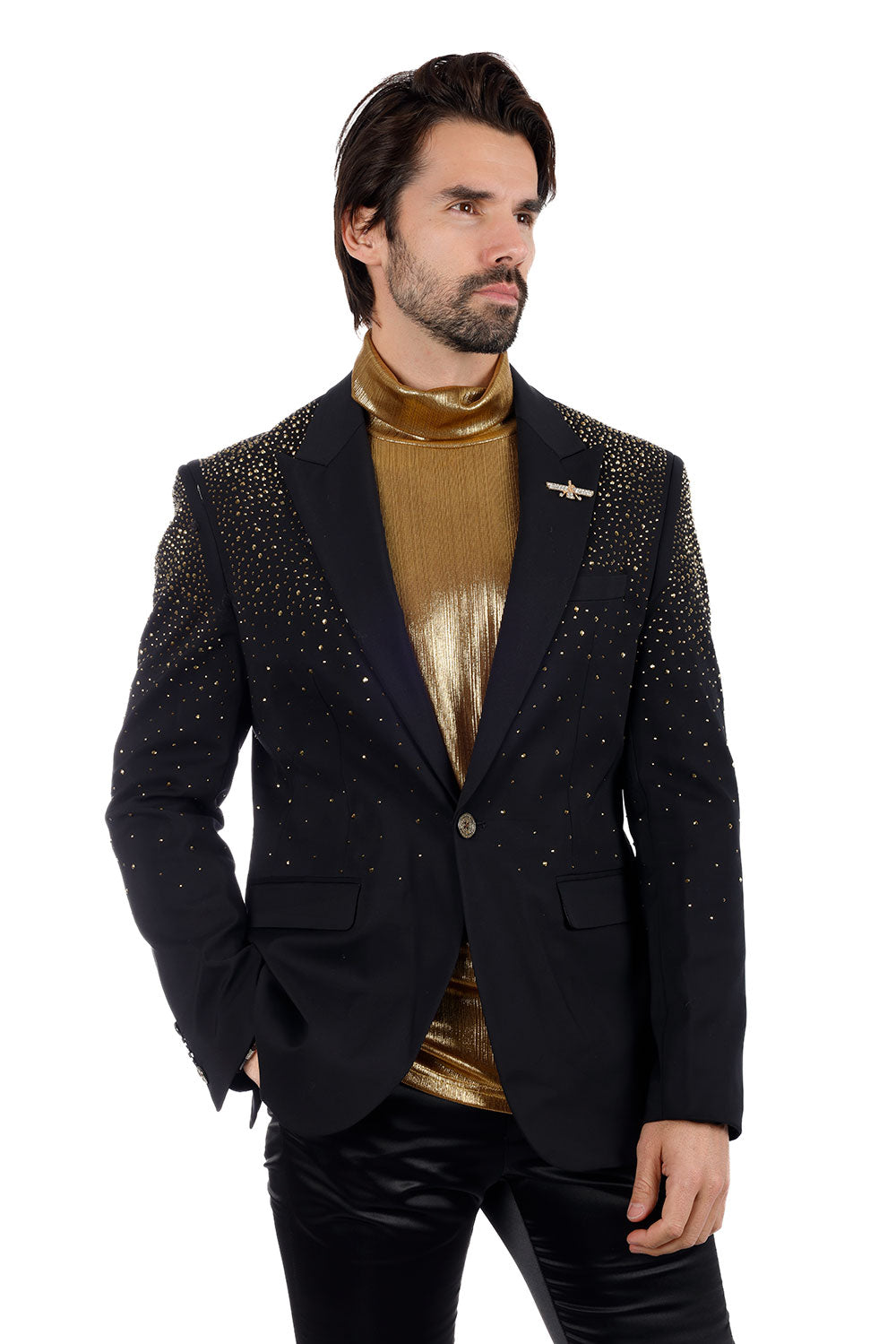Barabas Wholesale Men's Rhinestone Solid Color Notch Lapel Blazer 2BLR6 Black Gold