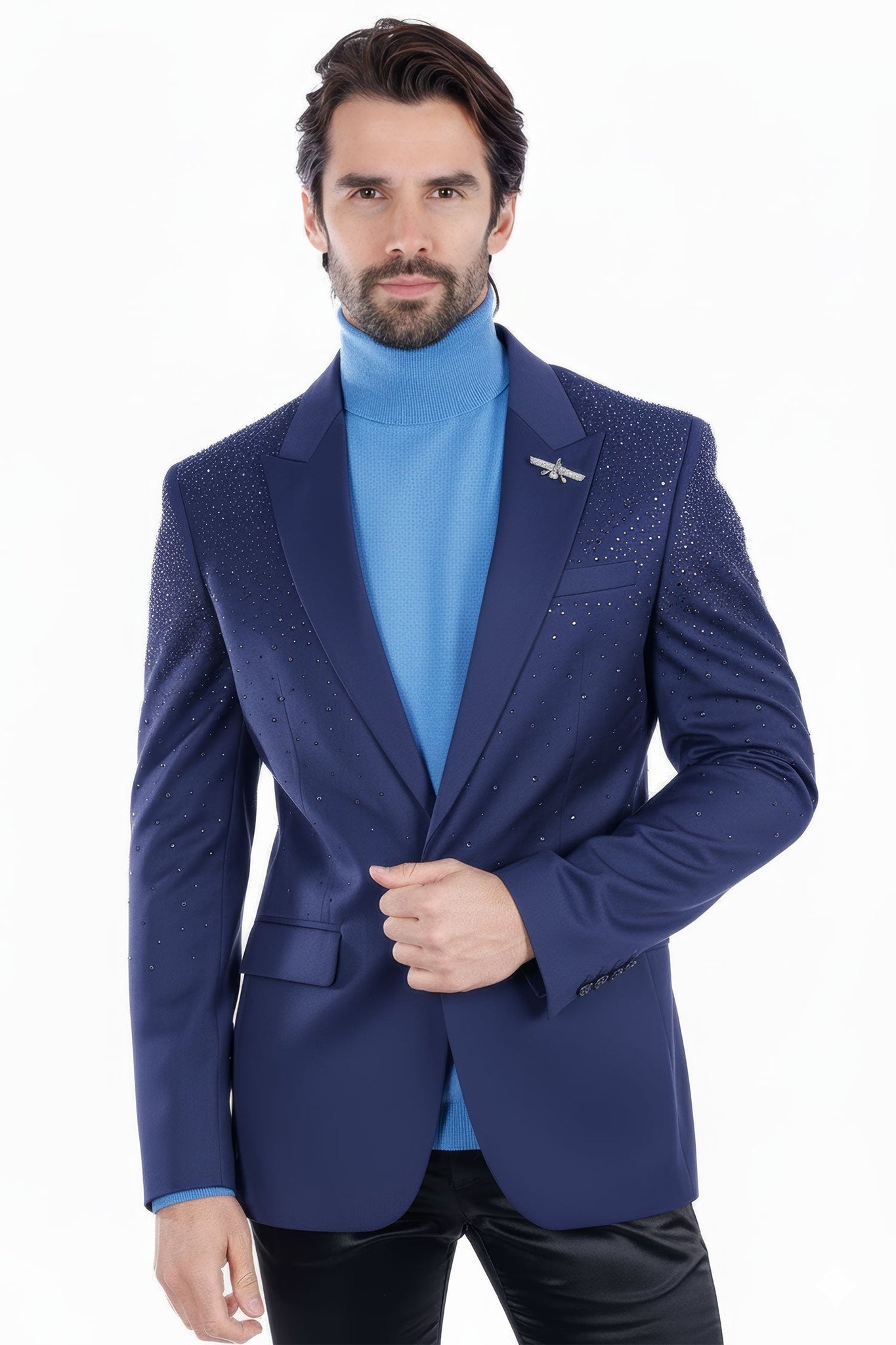 Barabas Wholesale Men's Rhinestone Matte Color Notch Lapel Casual Blazer 2BLR6 Navy 