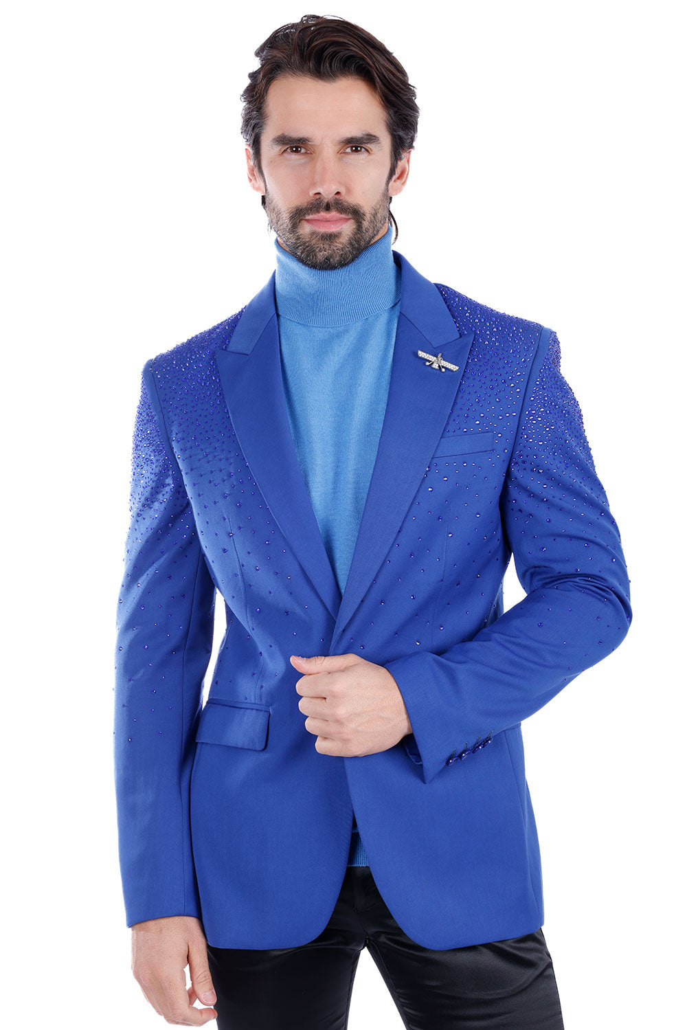 Barabas Wholesale Men's Rhinestone Matte Color Notch Lapel Casual Blazer 2BLR6 Blue