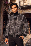 BARABAS Men's Geometric Rhinestone Luxury Bomber Biker Jacket 2BP26 Black Silver