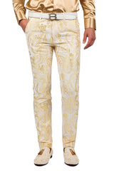 Barabas Men's Paisley Floral Print Design Luxury Pants 2CP3101 White Gold