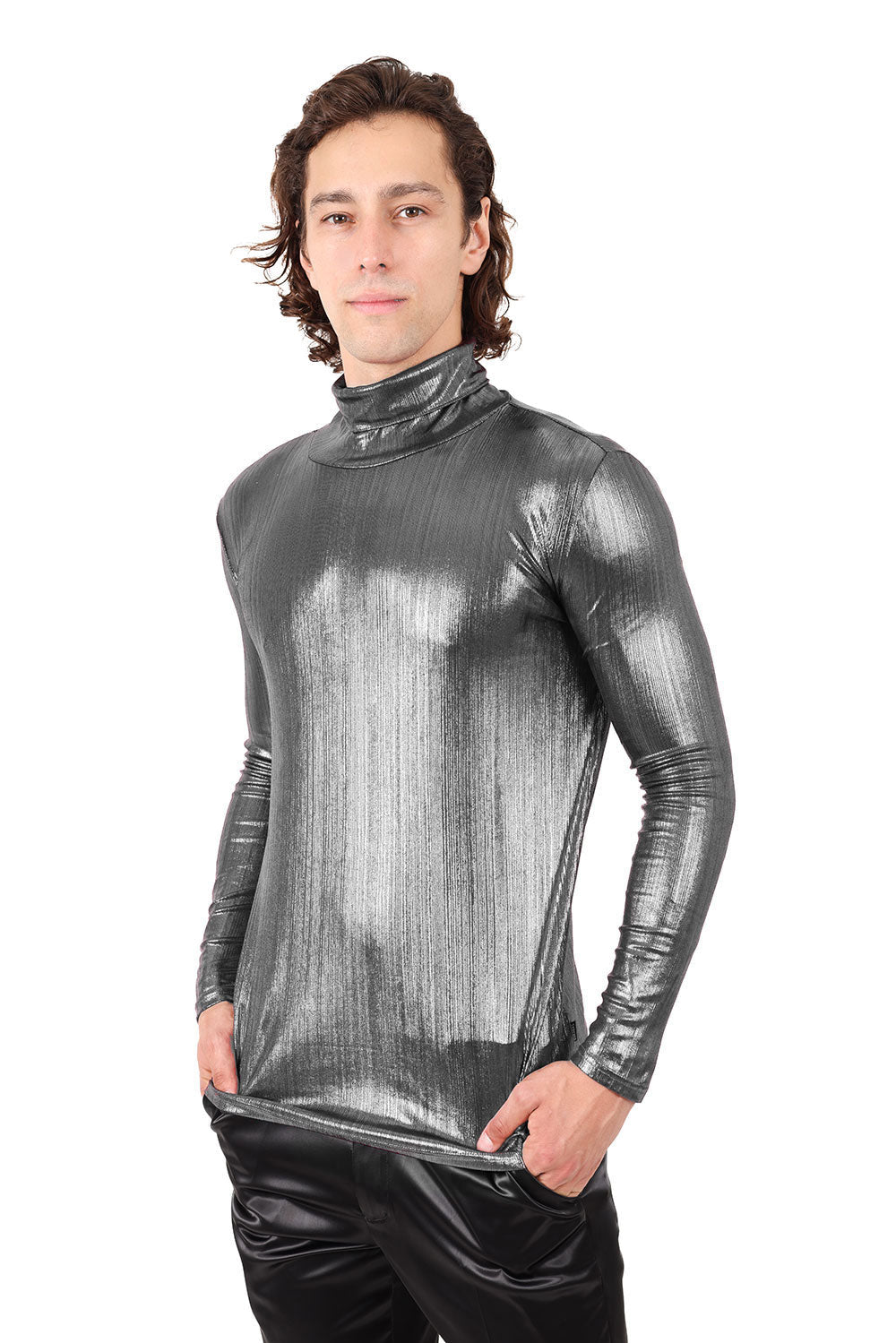 Barabas Wholesale Men's Metallic Shiny Long Sleeve Turtleneck Sweater 2KT1000 Silver