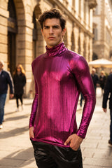 Barabas Men's Metallic Shiny Long Sleeve Turtleneck Sweater 2KT1000 Magenta