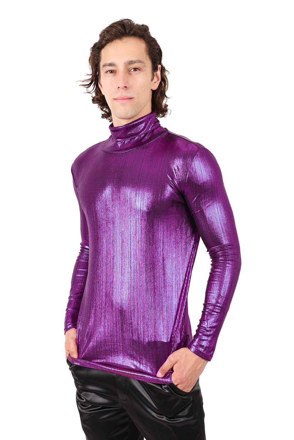 Barabas Wholesale Men's Metallic Shiny Long Sleeve Turtleneck Sweater 2KT1000 Purple