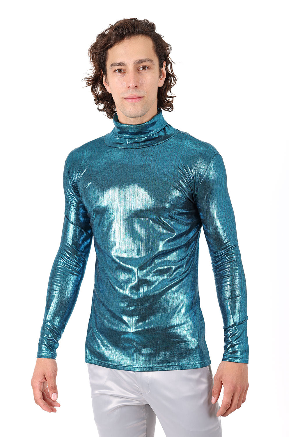 Barabas Wholesale Men's Metallic Shiny Long Sleeve Turtleneck Sweater 2KT1000 Teal