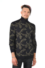 Barabas Men's Floral Print Design Long Sleeve Turtleneck Sweater 2LS2102 Black Gold