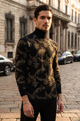 Barabas Men's Floral Design Long Sleeve Turtleneck Sweater 2LS2102 Black Gold