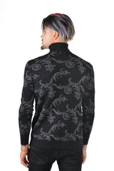 Barabas Men's Floral Print Design Long Sleeve Turtleneck Sweater 2LS2102 Black Silver