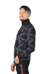 Barabas Men's Floral Print Design Long Sleeve Turtleneck Sweater 2LS2102 Black Silver