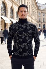 Barabas Men's Floral Design Long Sleeve Turtleneck Sweater 2LS2102 Black Silver