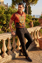 Barabas Men's Printed Tiger Floral Short Sleeve Polo Shirts 2PSP01 Gold Red