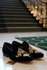 Barabas Wholesale Men's Sequin Velvet Design Slip On Loafer Shoes 2SHR2 Black Black Gold