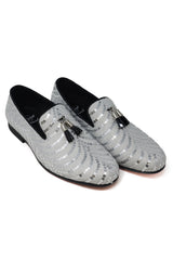 Barabas Wholesale Men's Sequin Design Tassel Slip On Loafer Shoes 2SHR8 White Silver
