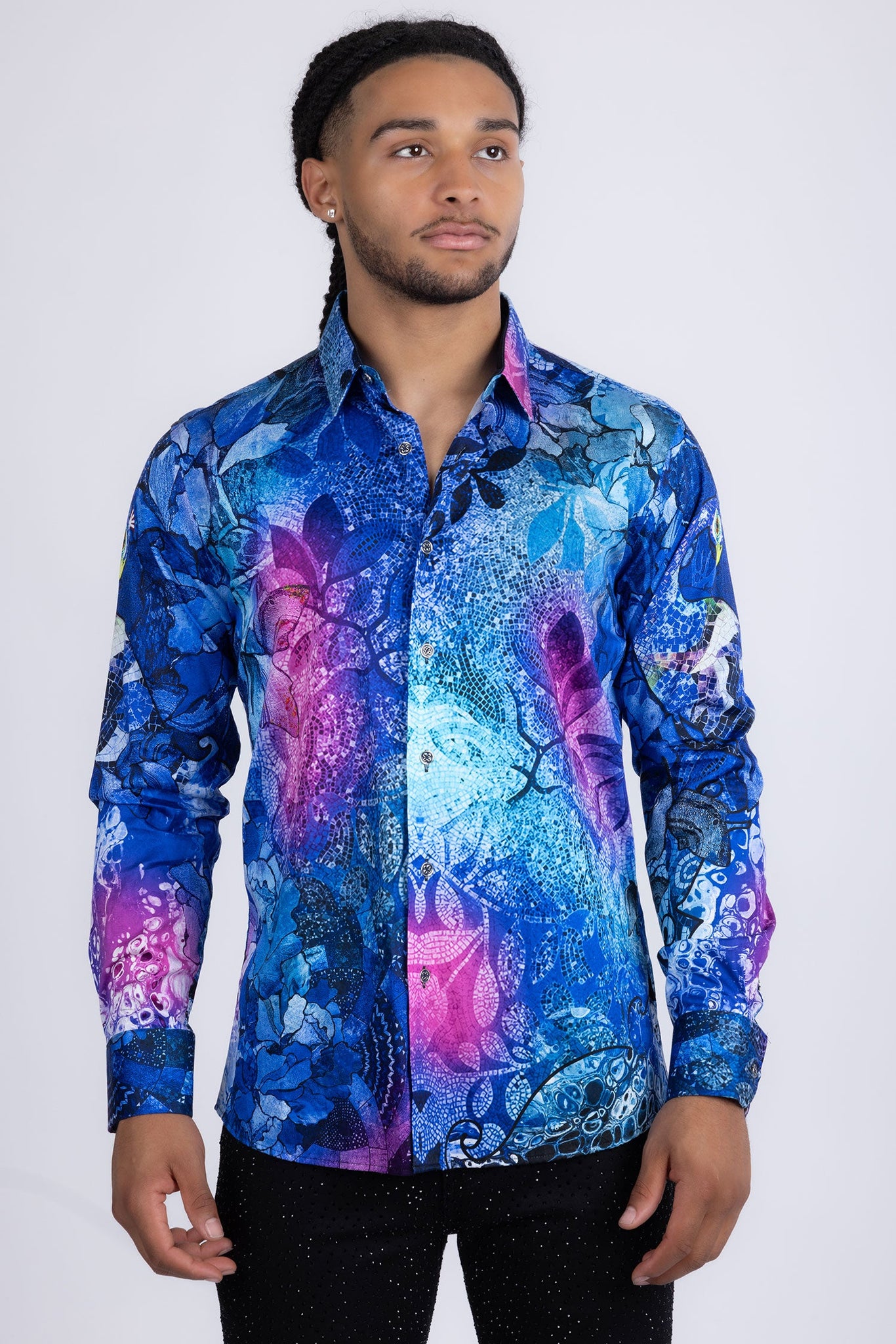 Barabas Wholesale men's Peacock Abstract printed long sleeve shirts 2SP31 Blue