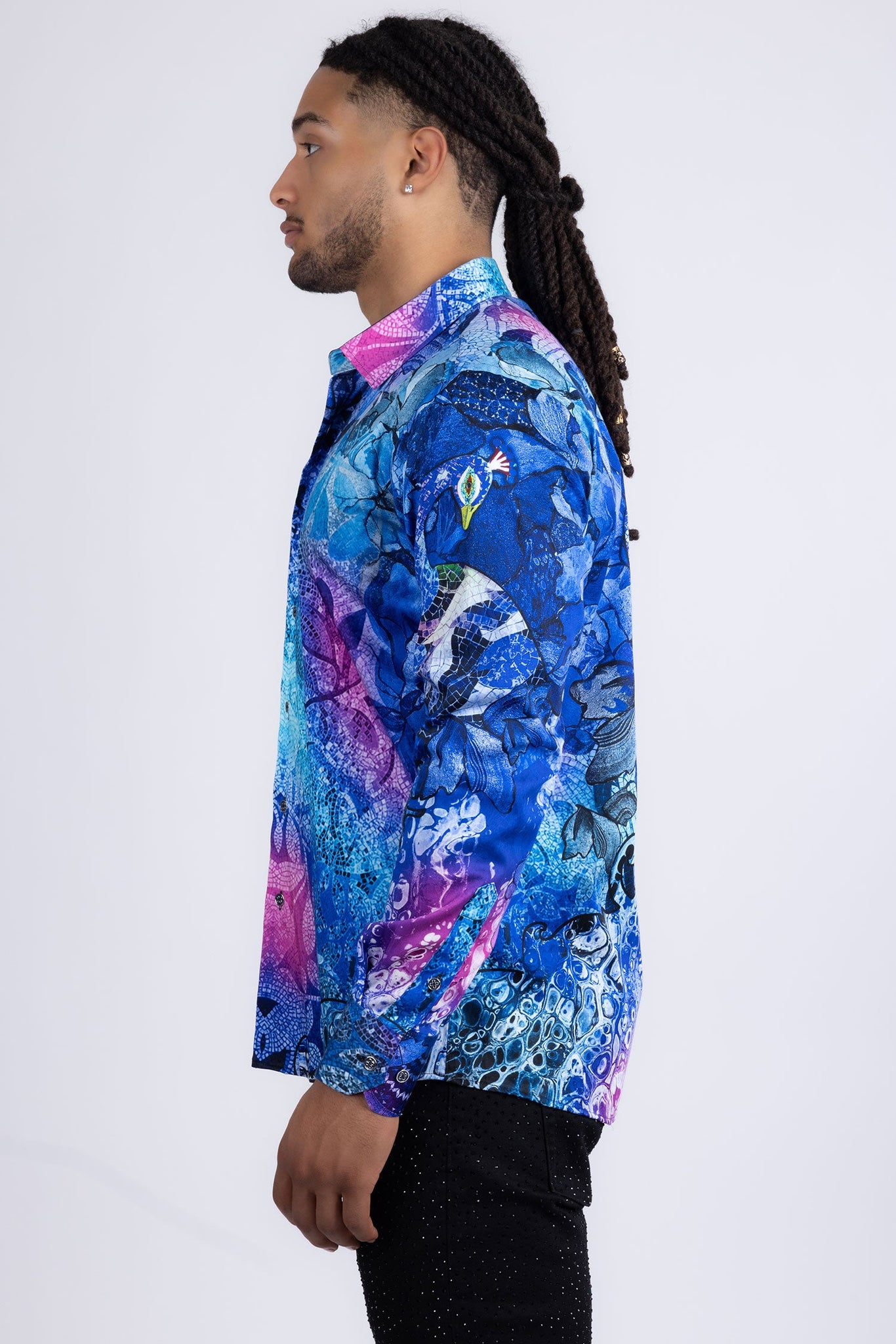 Barabas Wholesale men's Peacock Abstract printed long sleeve shirts 2SP31 Blue