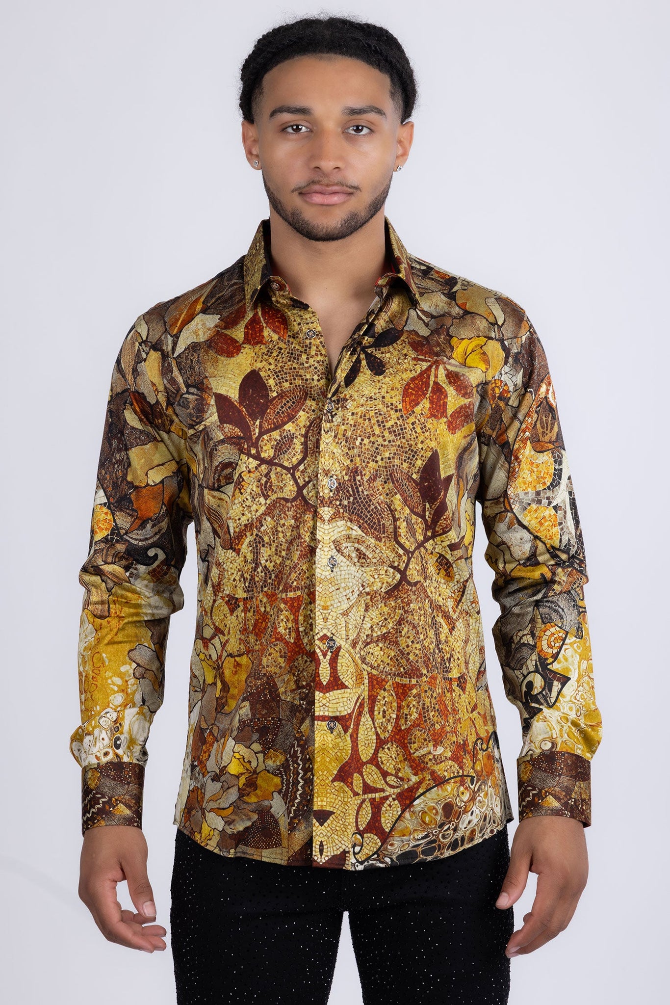 Barabas Wholesale men's Peacock Abstract printed long sleeve shirts 2SP31 Caramel