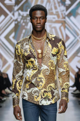 Barabas Wholesale men's Leopard Floral Greek Key Pattern Baroque Shirts 2SP34 Coffee