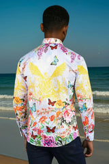 Barabas Wholesale Men's floral butterfly bird printed Long Sleeve Shirts 2SP38 White