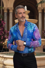Barabas Wholesale Men's Rhinestone Medusa Floral Angeles Baroque Shirt 2SPR220 Blue