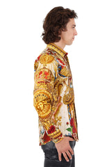 Barabas Wholesale Men's Rhinestone Medusa Floral Printed Baroque Shirt 2SPR222 Yellow