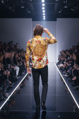 Barabas Wholesale Men's Rhinestone Medusa Floral Printed Baroque Shirt 2SPR222 Gold