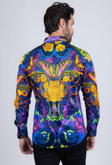 Barabas Wholesale Men's Rhinestone Medusa Floral Baroque Butterfly Shirt 2SPR223 Blue