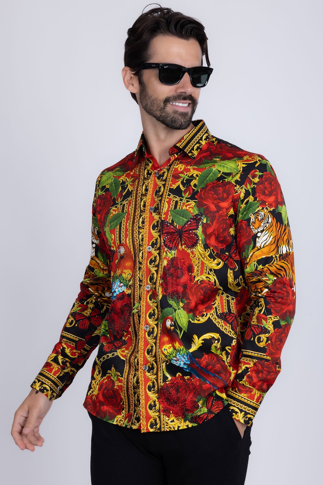 Barabas Wholesale Men's Rhinestone Tiger Floral Butterfly Luxury Shirt ...