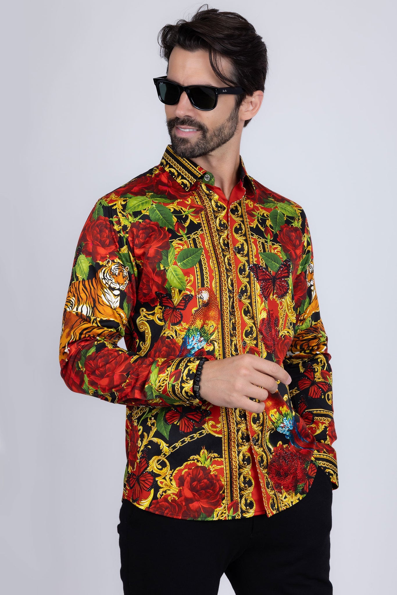 Barabas Wholesale Men's Rhinestone Tiger Floral Butterfly Luxury Shirt ...