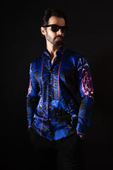 Barabas Wholesale Men's Rhinestone Leopard Floral Long Sleeves Shirt 2SPR225 Navy