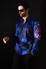 Barabas Wholesale Men's Rhinestone Leopard Floral Long Sleeves Shirt 2SPR225 Navy